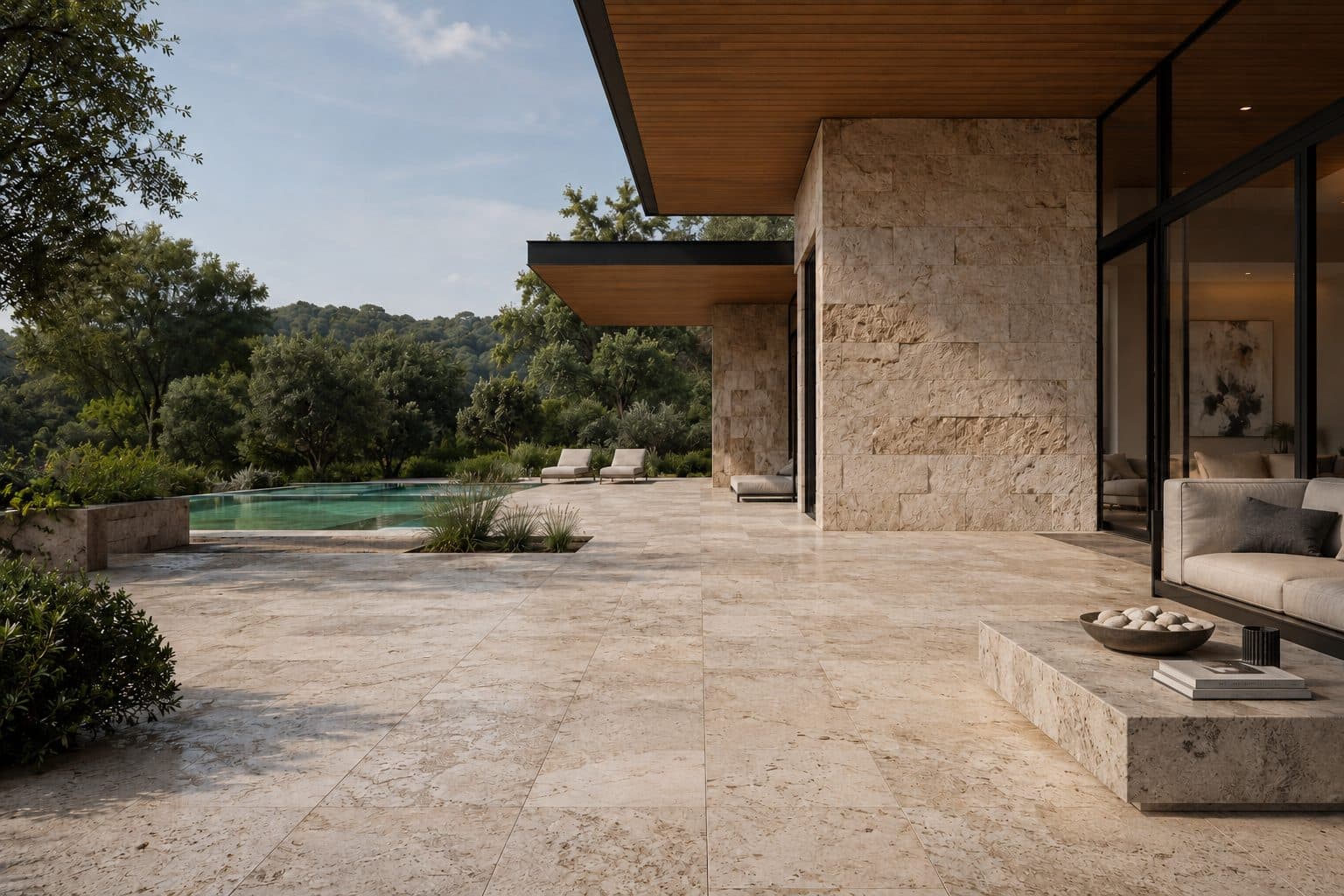 Travertine terrace and pool of a modern villa