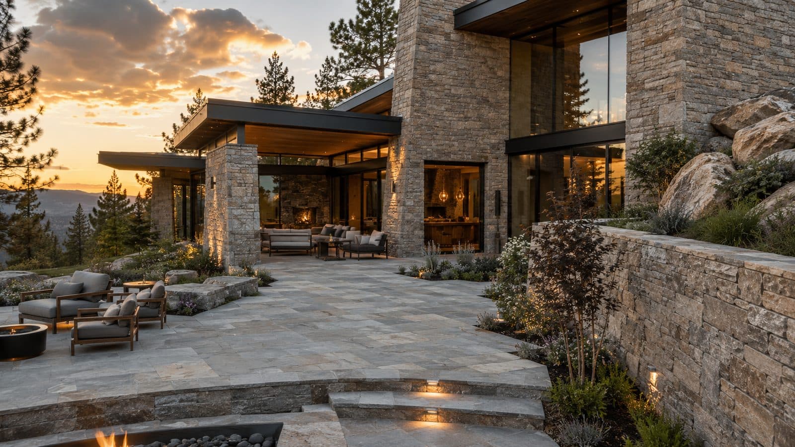 Contemporary stone estate with expansive terrace in mountain light