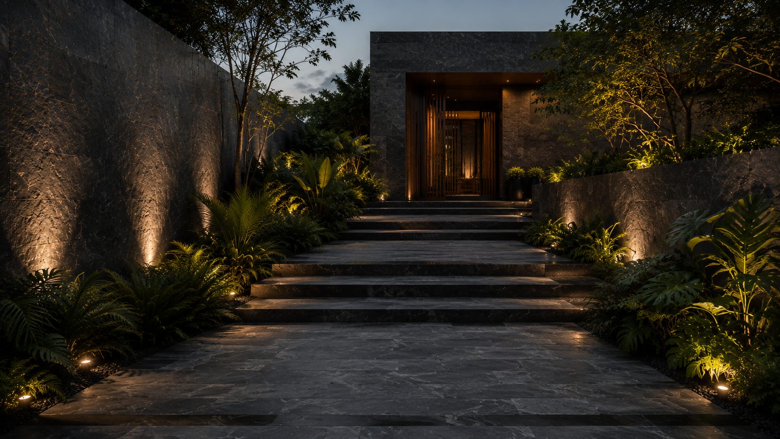 Dark stone steps through a tropical garden to a softly lit entrance
